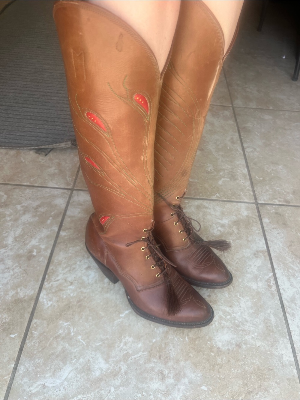 vintage 70s custom Leather Lace-Up Boots with Red Accent